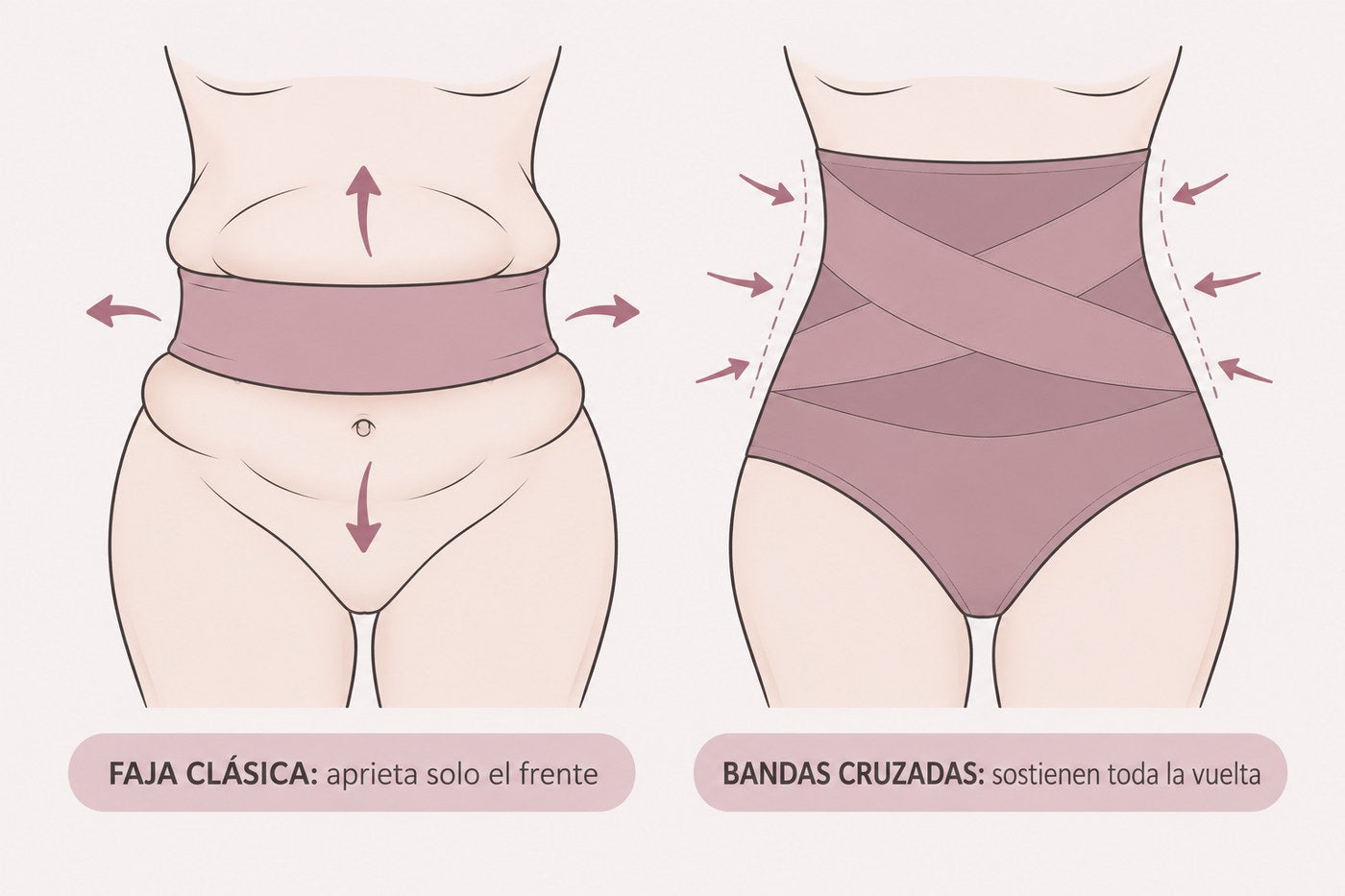 Faja clásica: aprieta solo el frente. Bandas cruzadas: sostienen toda la vuelta