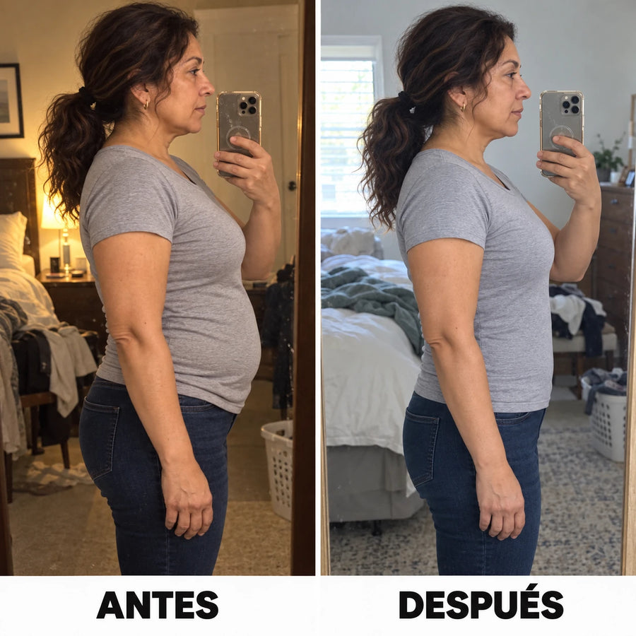 Antes y después de perfil: la panza sin y con la Faja Moldeadora