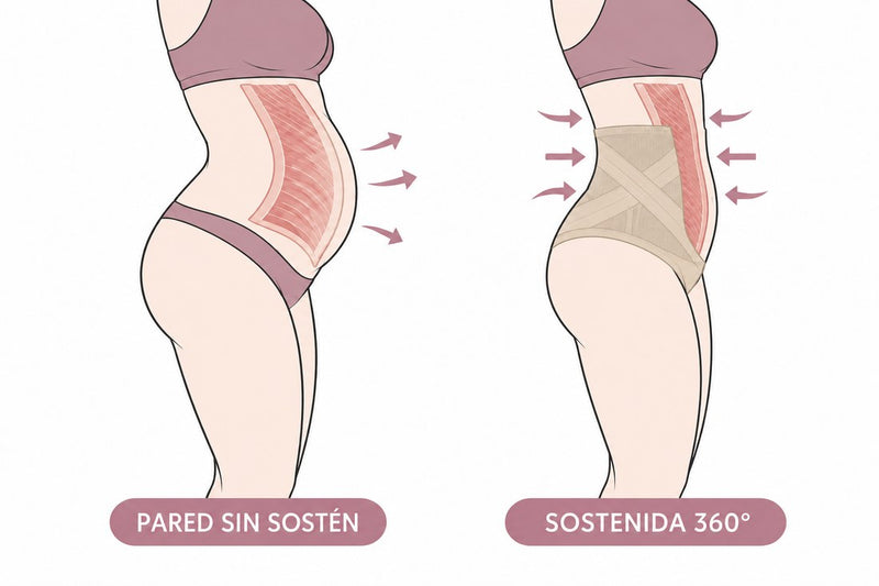 Pared abdominal sin sostén frente a pared sostenida 360°